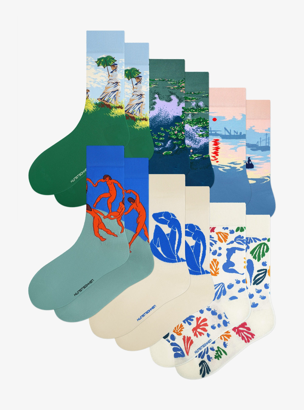 Franse Meesters 6-Pack van Kunstsokken: Vrouw met een Parasol, Waterlelies, Impressie, Zonsopkomst, De Dans, Blue Nude en De Parkiet en de Zeemeermin sokken
