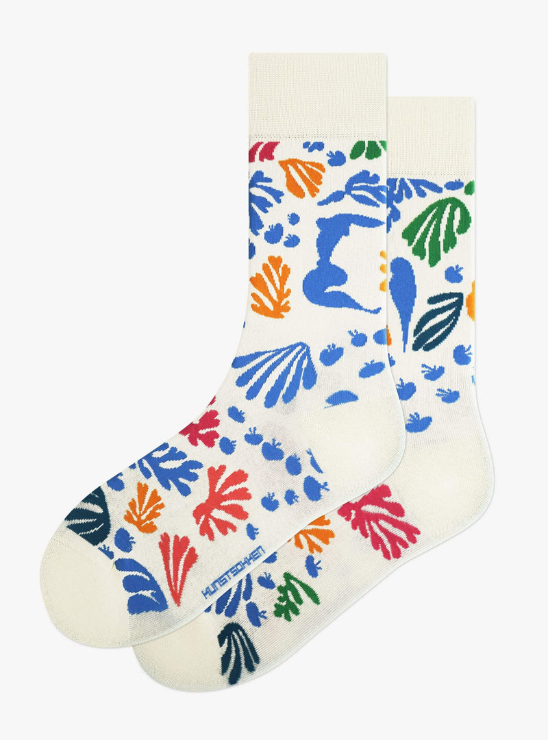 De Parkiet en de Zeemeermin sokken van Kunstsokken naar Henri Matisse, wit met kleurige papierknipsels