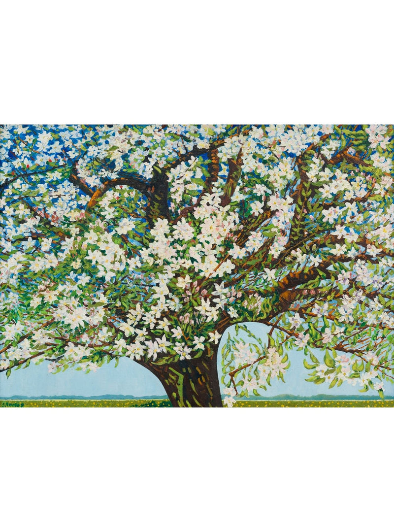 Beemster, bloeiende boom van Charley Toorop, uit de collectie van Museum MORE, het originele kunstwerk achter de sokken