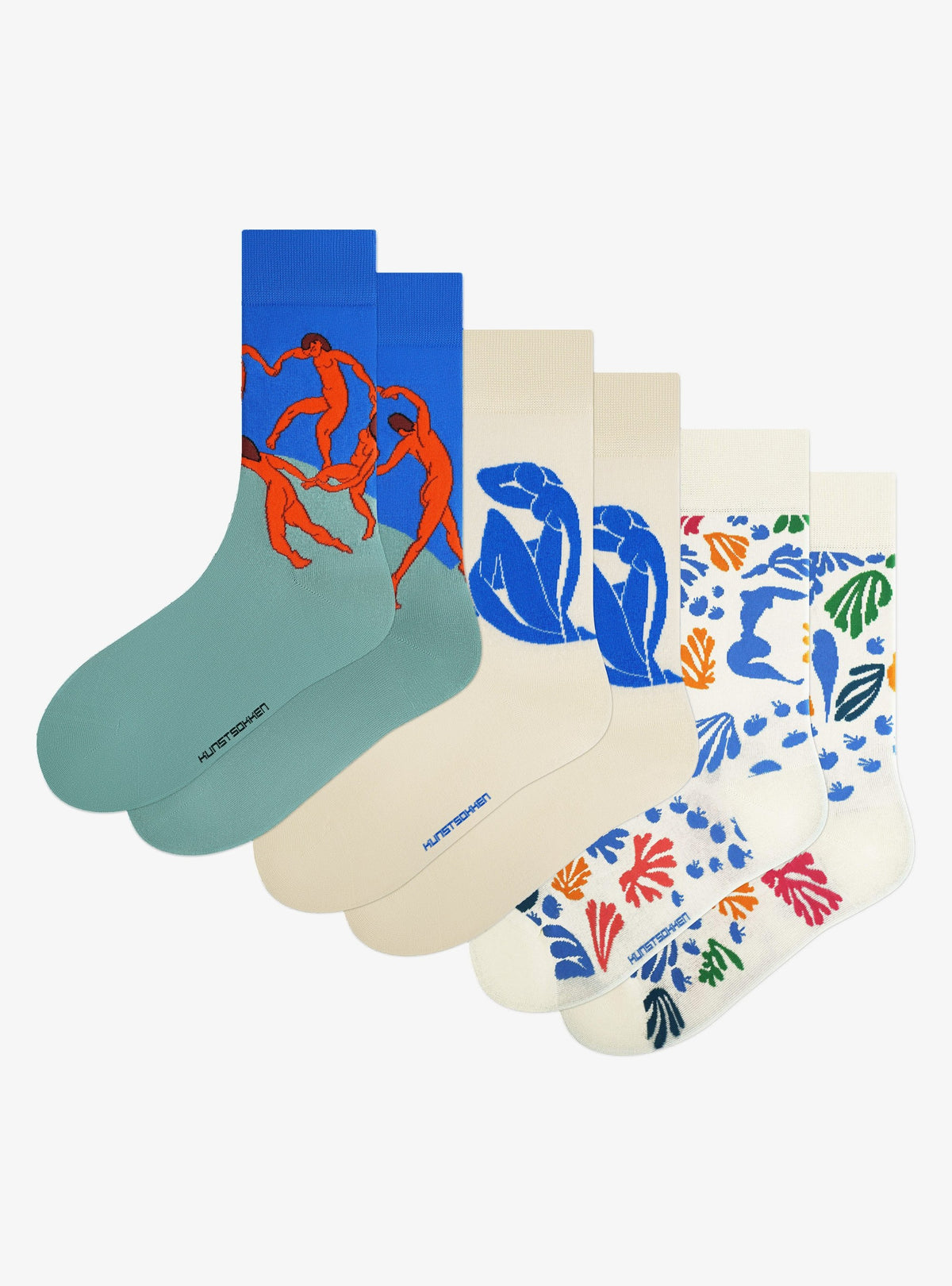 Henri Matisse 3-Pack van Kunstsokken: De Dans, Blue Nude en De Parkiet en de Zeemeermin sokken naast elkaar