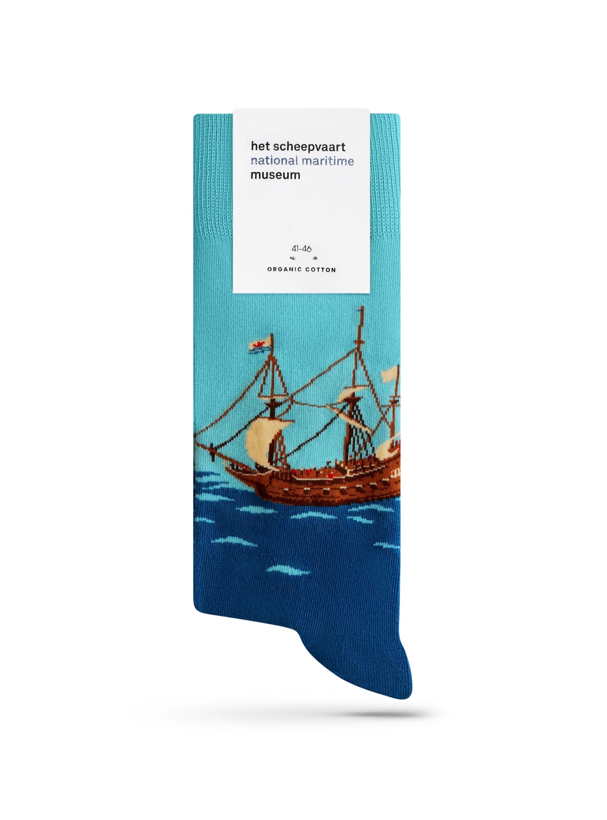 De Slag bij Gibraltar sokken met label van Het Scheepvaartmuseum, biologisch katoen, maat 41-46