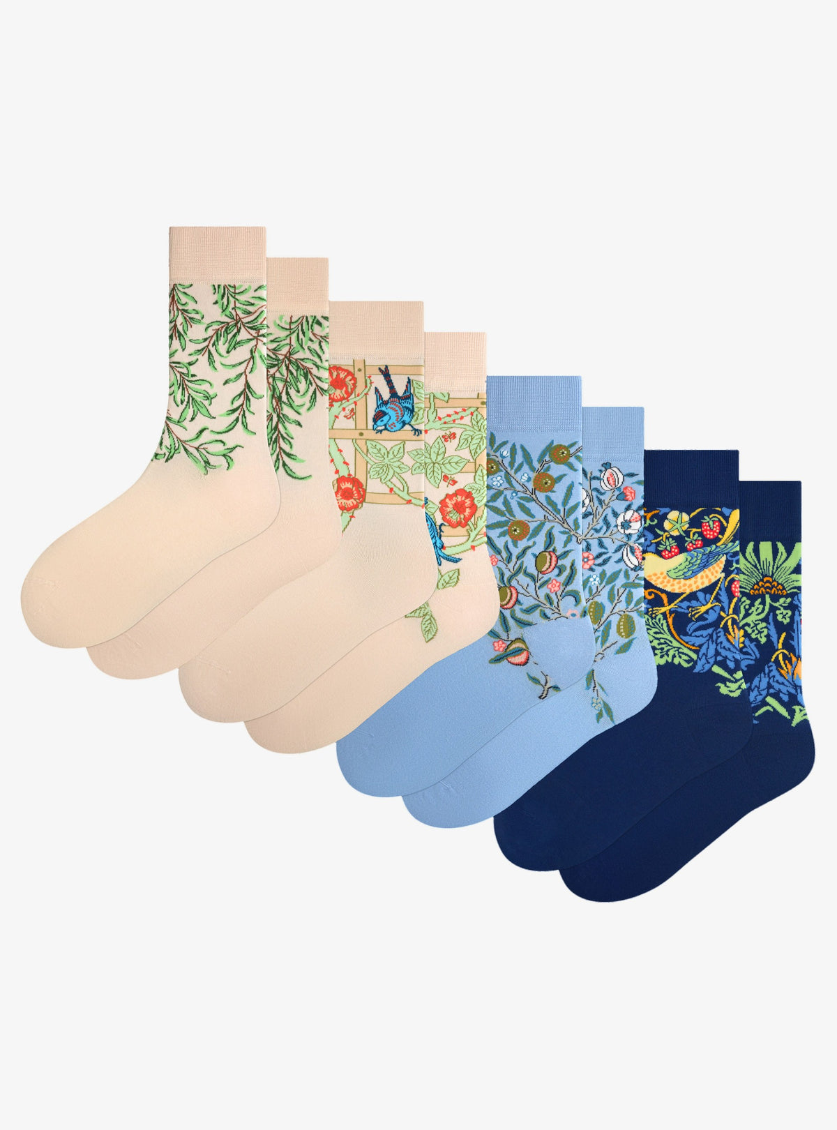 William Morris Collectie 4-Pack van Kunstsokken: Willow Bough, Trellis, Pomegranate en Strawberry Thief sokken naast elkaar